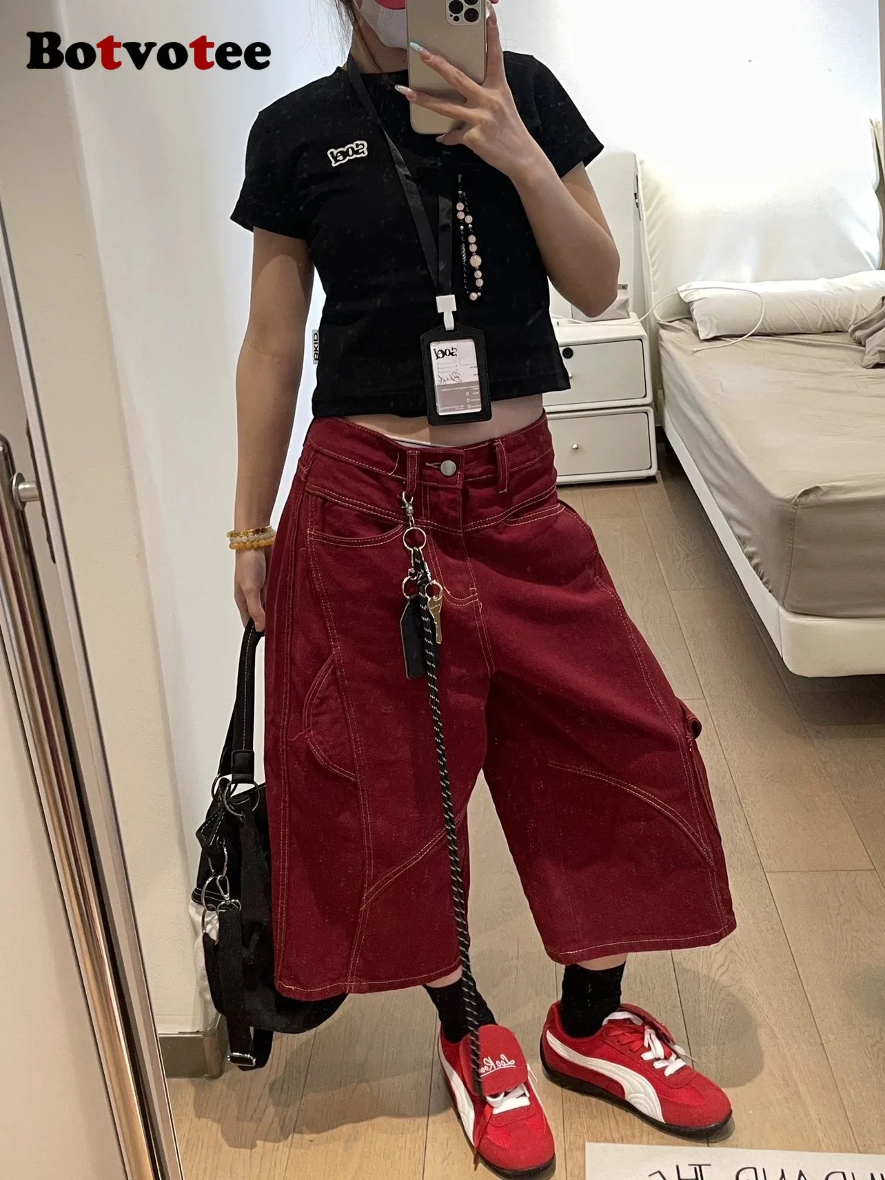 Botvotee Burgundy Calf Jeans for Women High Waisted Wide Leg Baggy Cargo Denim Shorts 2000s Y2k Vintage Streetwear Short Jeans 250604