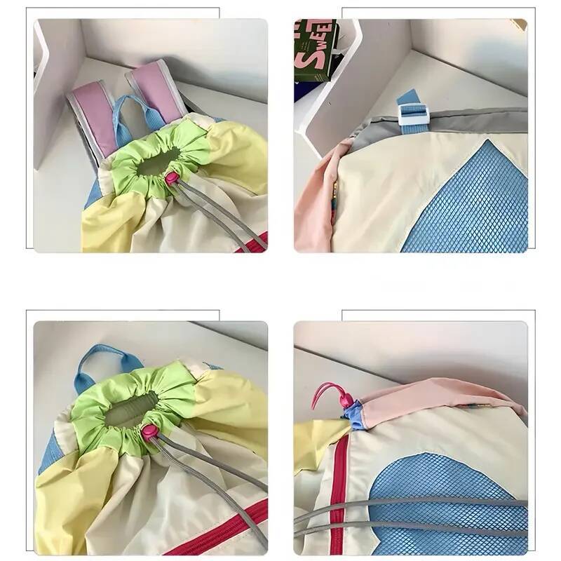 Women Girls Color-Block Laptop Backpack Nylon Drawstring Adjustable Strap Rucksack For Travel School