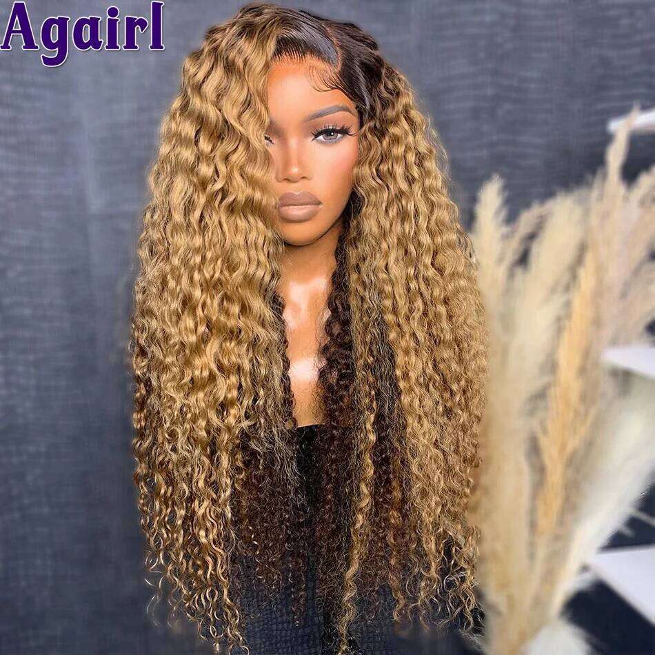 200% Ready Go Curly Human Hair Honey Brown 13X6 Water Wave Frontal Wig Ombre Blonde Black 6X4 Lace Closure Wigs