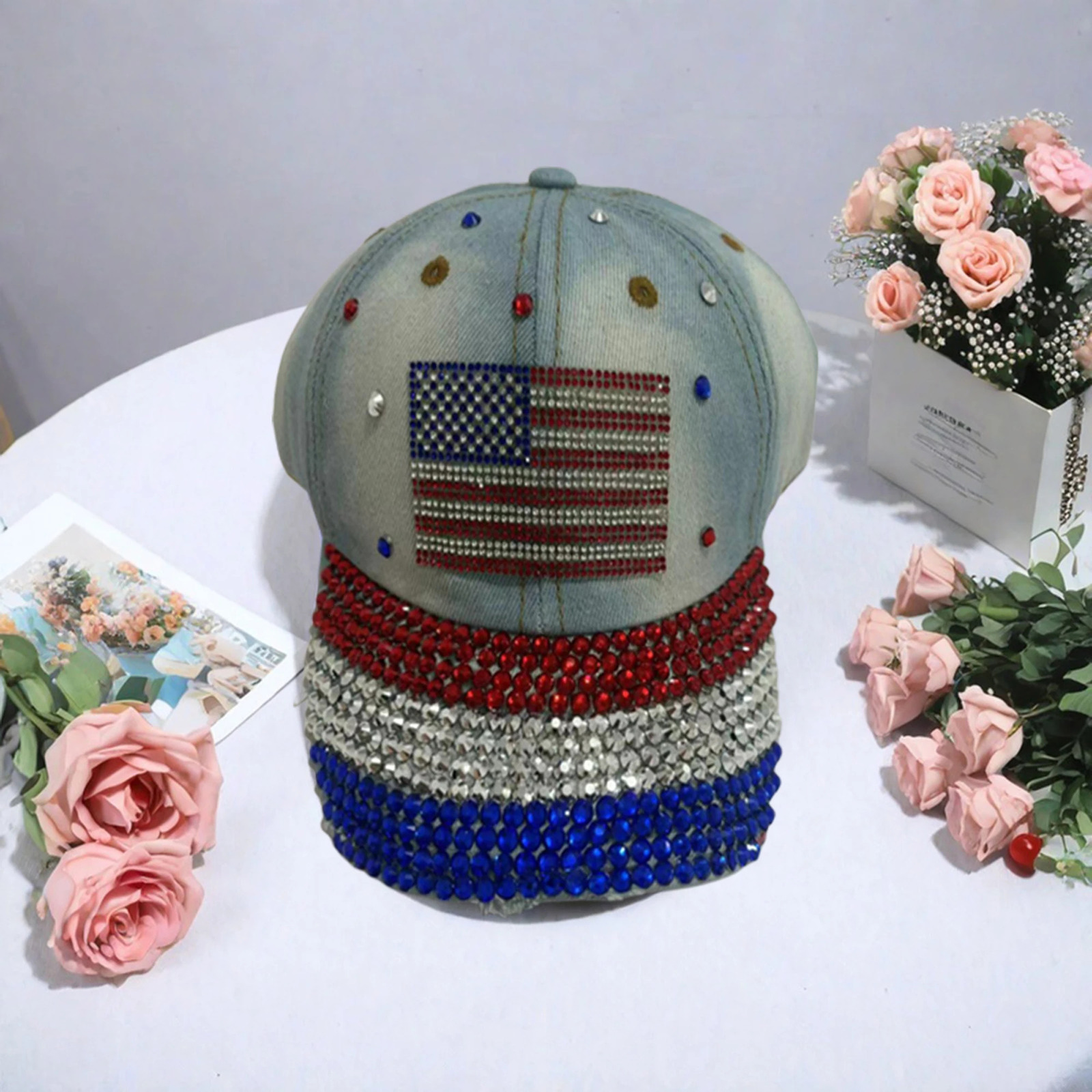 American Flag Embroidered Patriotic Baseball Cap for Women with Rhinestone Detail and Sun Protection 250603