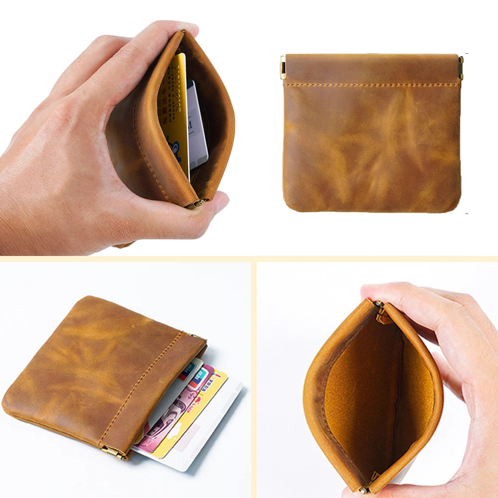 AutoRebound Closure Cowhide Coin Purse Organizer Leather Wallet Mini Money Bag 250605