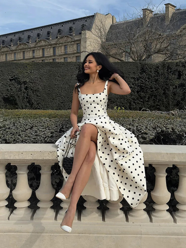 Vintage Polka Dot Printed High Waisted Sling Long Dresses Women Elegant Backless Sleeveless Robes Chic Lady Party Dresses 250604