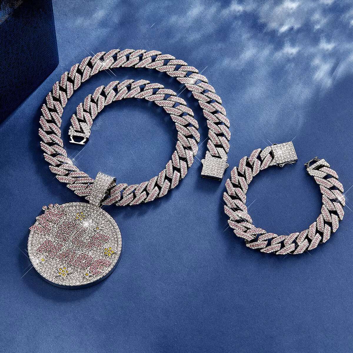 3PCS Iced Out Shiny Letter Self Made Round Medal Pendant with Round Stars Shape Necklace and Bracelet Jewelry