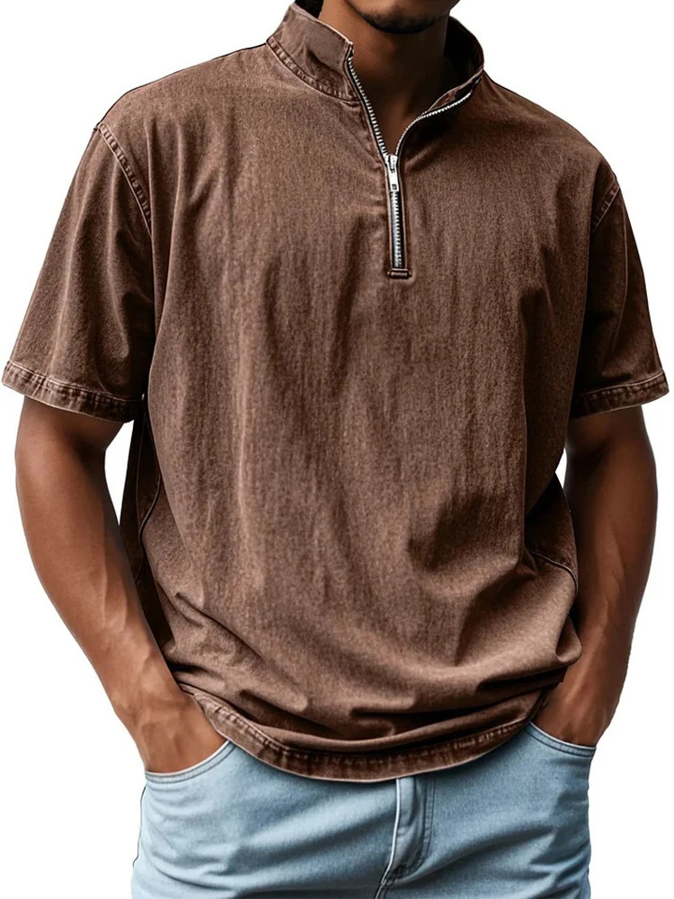 Vintage Loose Solid Color Polo Shirt Mens Fashion Zip-up Stand Collar Tops Men Summer Casual Short Sleeve Polo Neck Pullover Top 250530