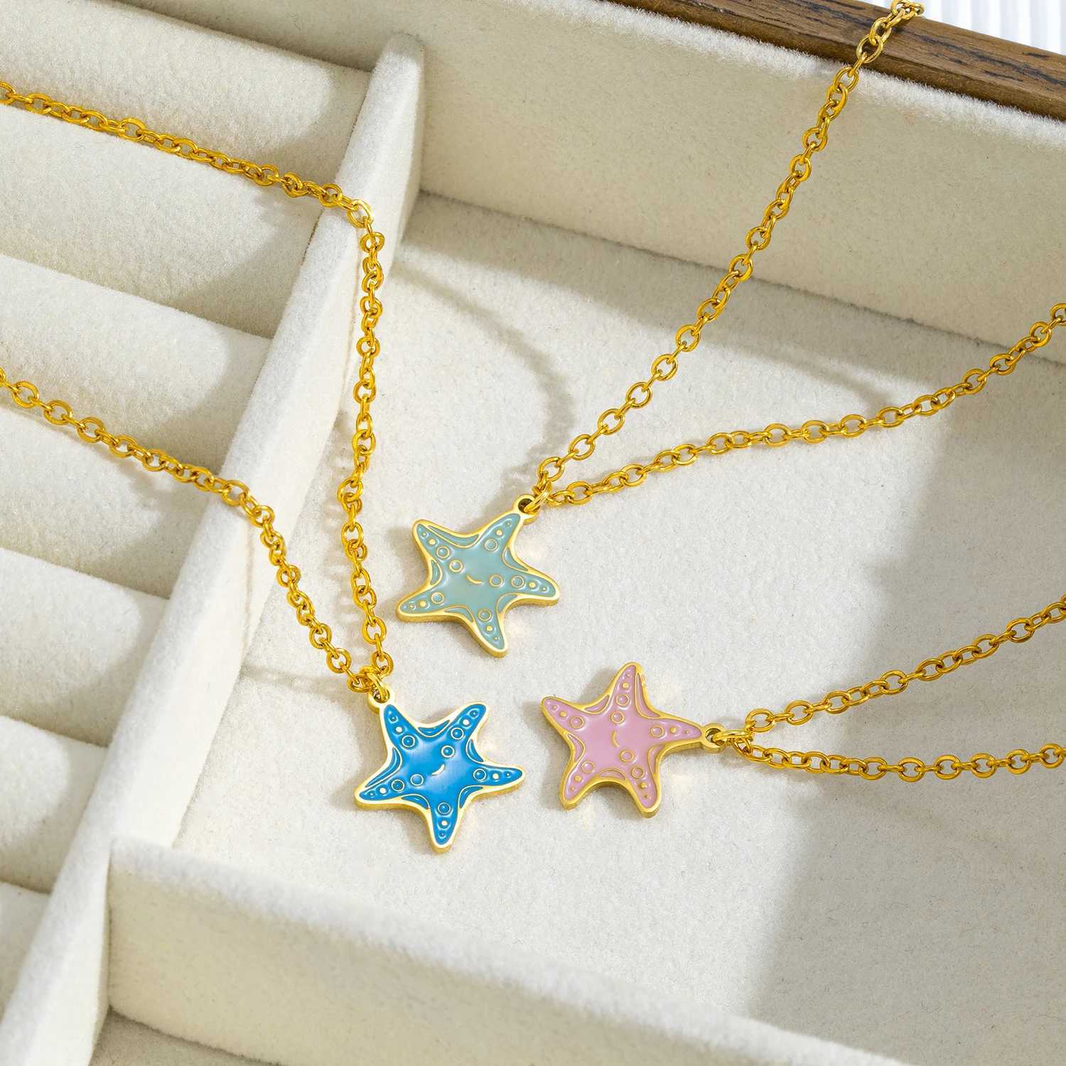 Blue Starfish Pendant Necklace for Women Polished Stainless Steel Delicate Jewelry Compact Elegant Design Perfect Gift for Her XJ250604