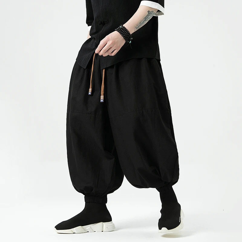 Summer Men Wide Leg Pants Men Dark Wind Solid Color Casual Pants Japanese Styles Harun Pants Men Cotton Linen Lantern Pants 250604