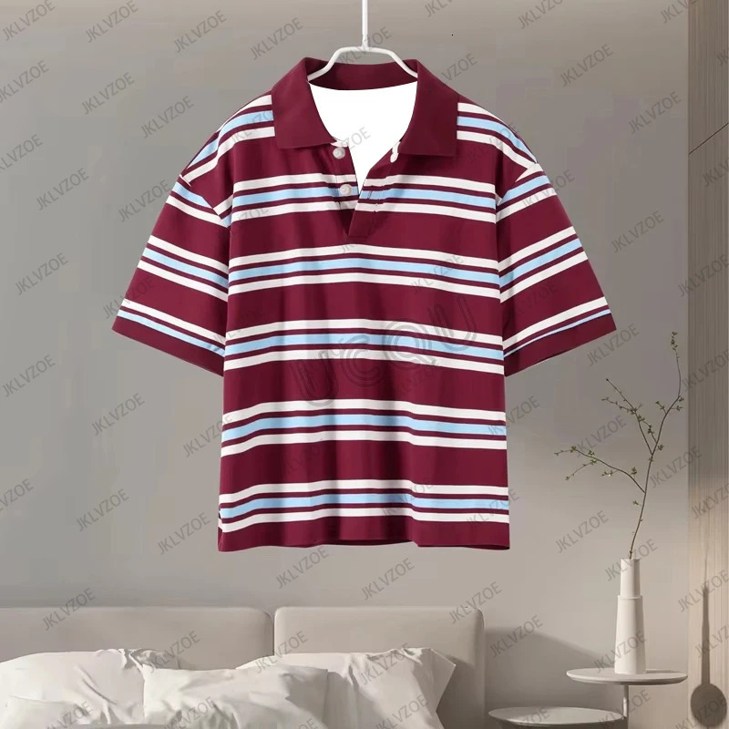 Summer Casual Striped Polo Shirt Vintage Short Sleeve Lapel Tops Fashion Oversized Loose Streetwear Y2K Tees 250604