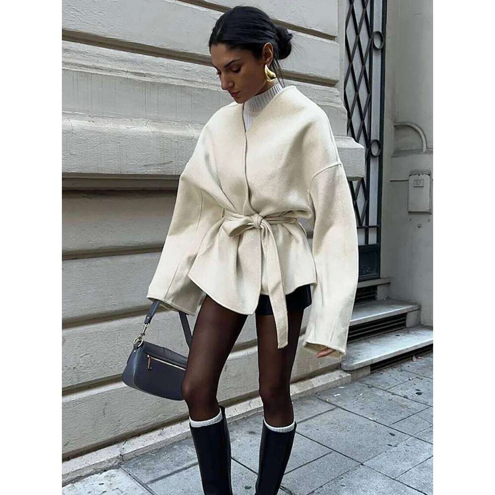 Coats Designer Women Fashion Solid Lace Up Coat For Women Elegant V-Neck Long Sleeve Jacket 2024 Autumn Winter New Lady Street Outerwear Clothes Desig