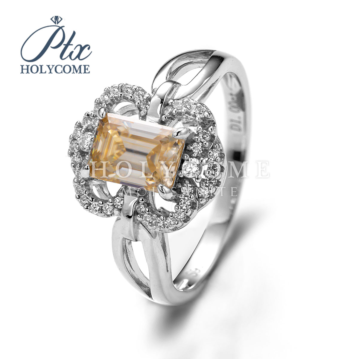 Wholesale High Quality Women Bulk Fashion Flower S925 Silver Champagne 5x7mm 1ct Luxury Emerald Cut Diamond Moissanite Ring
