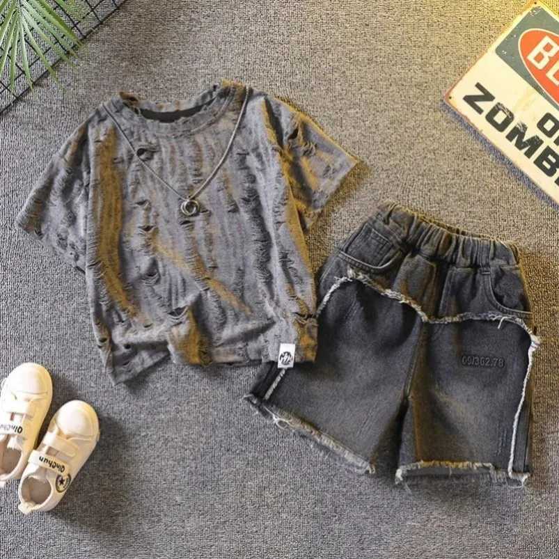 Best Fashion Korean Style Boys Summer Outfit 2PC T-Shirt Jean Shorts Dreams Come True Print Kids Clothes 2-10 Years Toddler Sets R250605