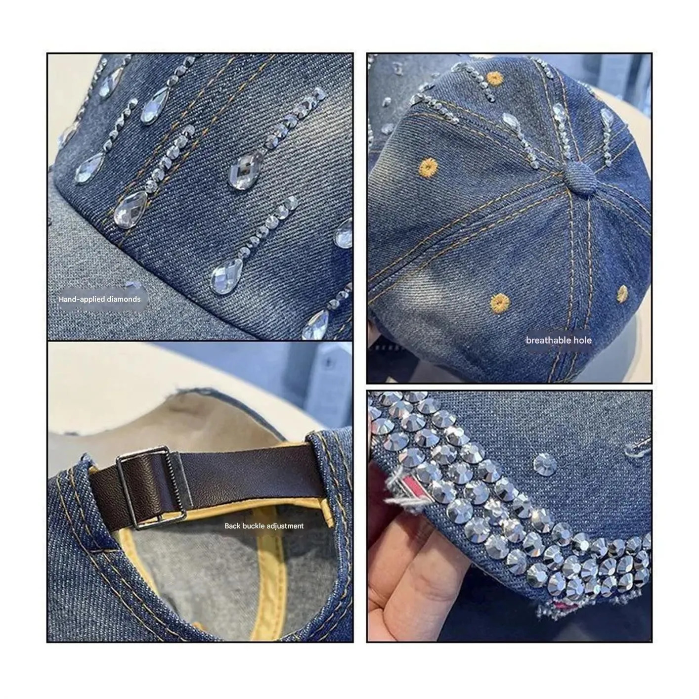 2025 Summer WomenS Denim Diamond Baseball Cap Casual Fashion Duckbill Cap Sun Hat Strap Adjustable 250603