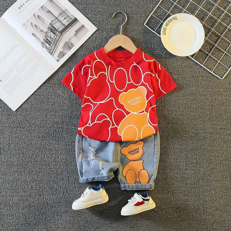 Summer Baby Boys Clothes Suit Children Girls Fashion Cartoon Bear T-Shirt Denim Shorts 2Pcs/Sets Toddler Casual Kids Tracksuits R250605