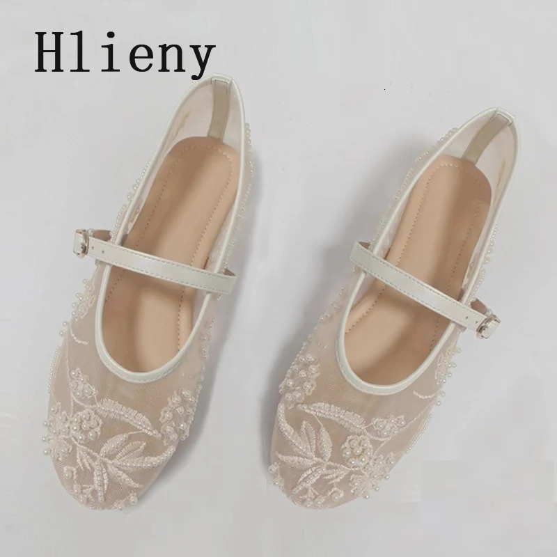 Hlieny Woman n Embroidery Flowers Pearl Mesh Round Tor Buckle Strap Ballet Flats Loafers Ladies Mary Jane Shoe Mules Sandal 250603