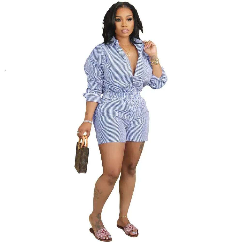 European Style Striped Print Shorts Summer Casual Two Pieces Clothes Set Matching Suit Outfits