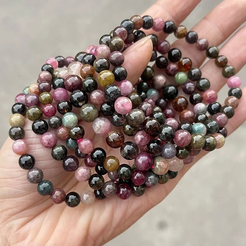 5A Natural Muticolor Tourmaline Bracelets Women 5-7mm Round Colorful Beads Healing Elastic Bangles Quality Jewelry Gift 250604