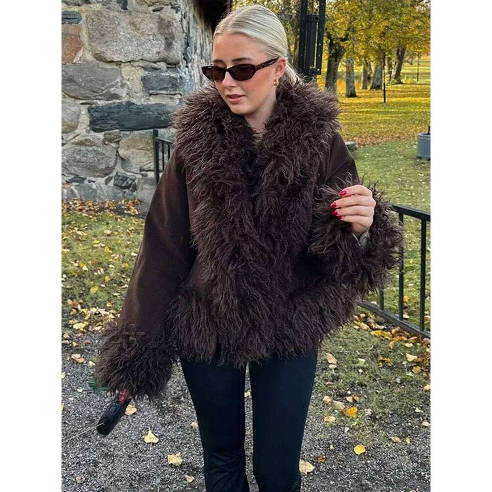 Vintage Solid Faux Fur Jackets Women Casual Plush Lapel Open Coats Female Autumn Winter Trendy Elegant Warm High Outwear
