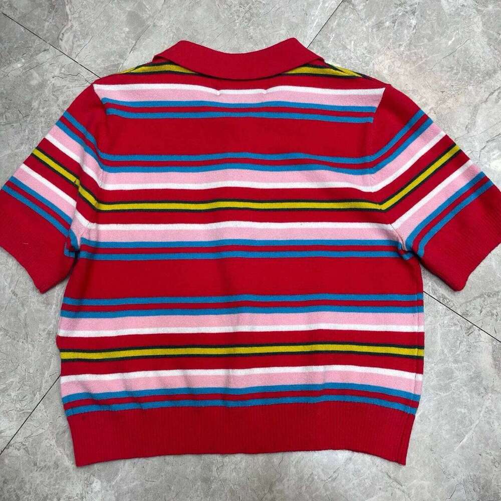 2025 Summer Women 2 Piece Set Polo Neck Pearl Button Shorts Crop Tops+Mini Skirts Contrasting Stripes Retro Streetwear Outfits