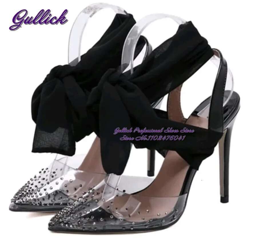 Gullick Red White Black Mesh Butterfly-Knot Lace-Up Wedding Shoes Clear PVC Crystal Pointed Toe Dress Pumps Glittering Slingback