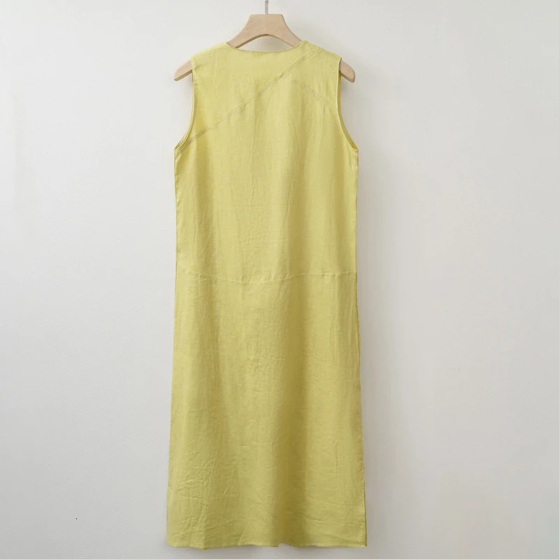 Summer Women Solid Linen V Neck Sleeveless Fashion Dress Split Tank Dress 250529