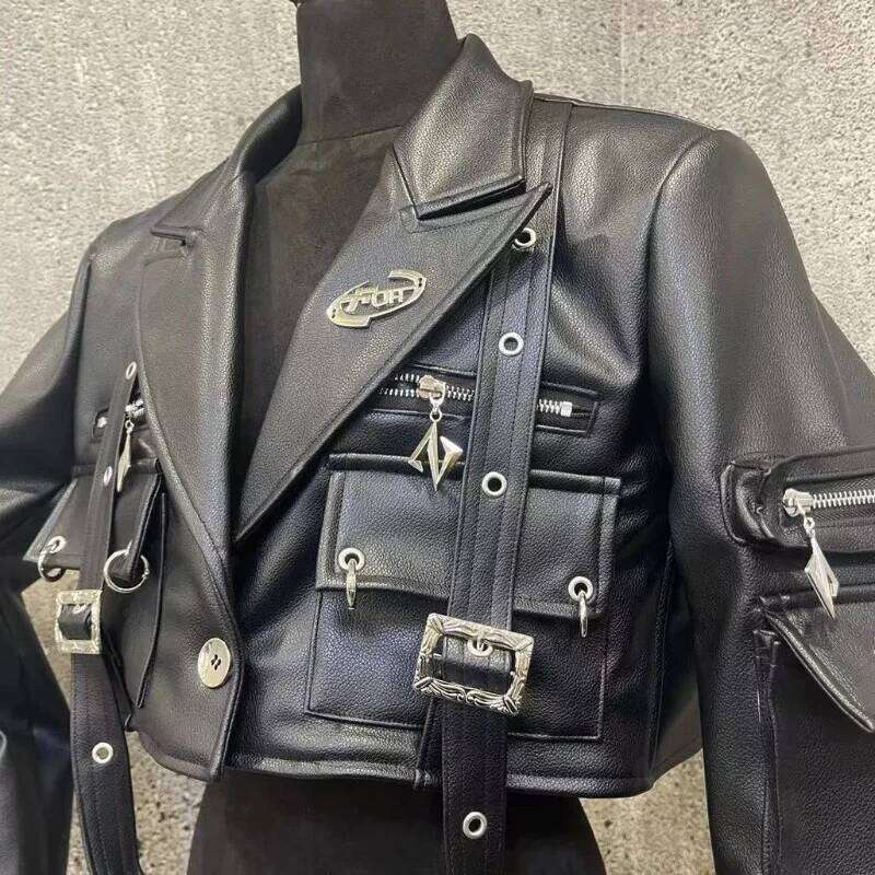 Gmiixder Punk Niche Original Metal Decoration Motorcycle PU Leather Jacket Short Coat Unisex Autumn 2024SS Streetwear