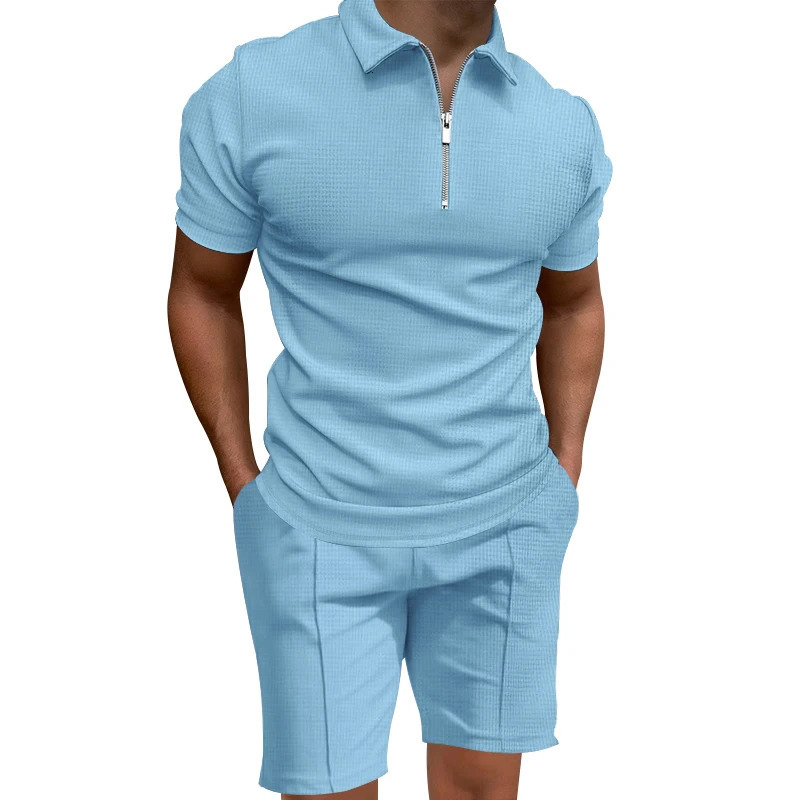 Summer Mens Polo Shirt Set Solid Color Waffle Short Sleeve Slim Fit Polo Neck T-shirt Casual Mens Style 250604