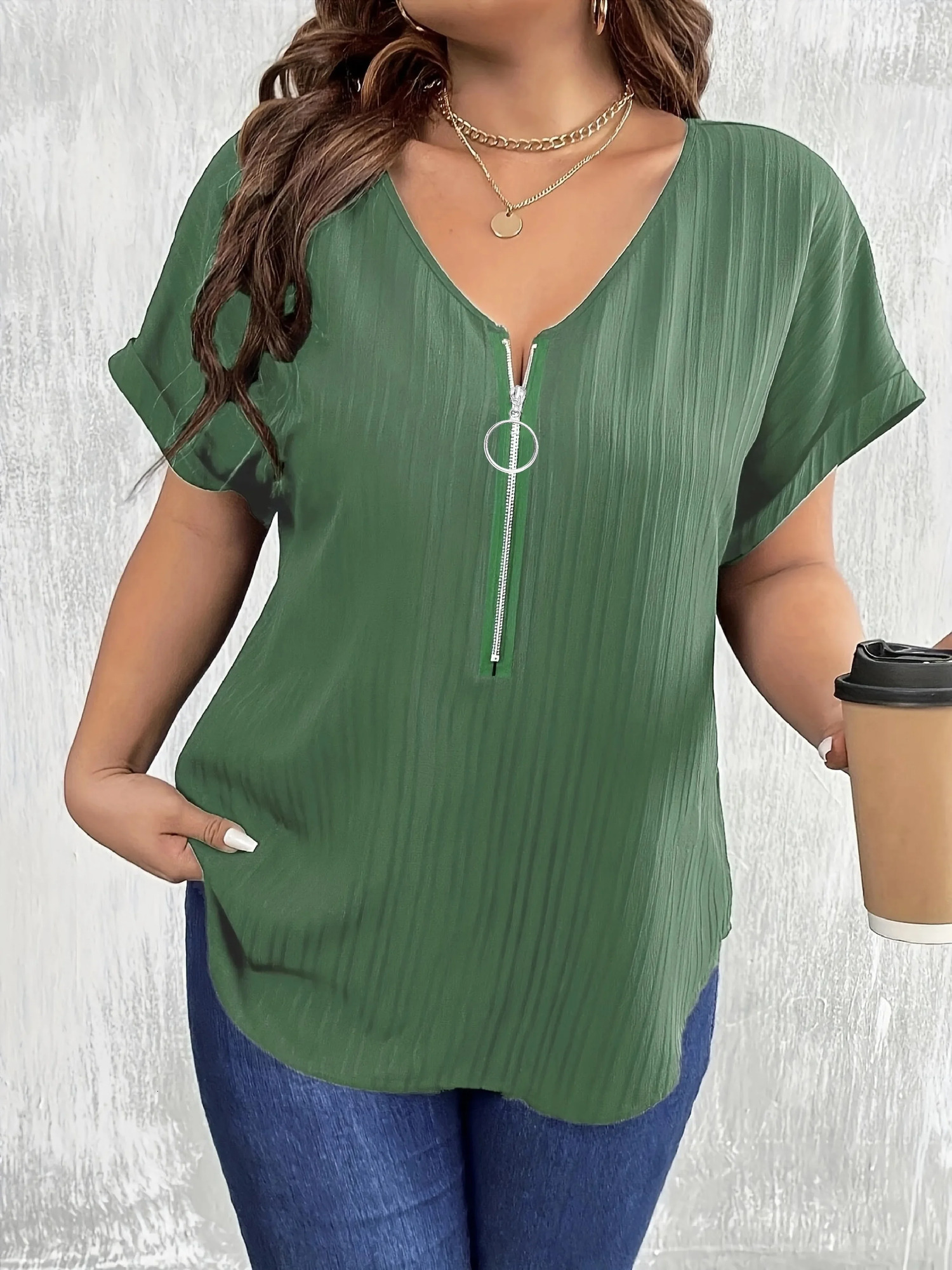 Plus Size 1XL5XL Women Vneck Casual Simple Solid Color Tshirt Tops Ladies Fashionable Short Sleeved Zippered Tshirt 250604