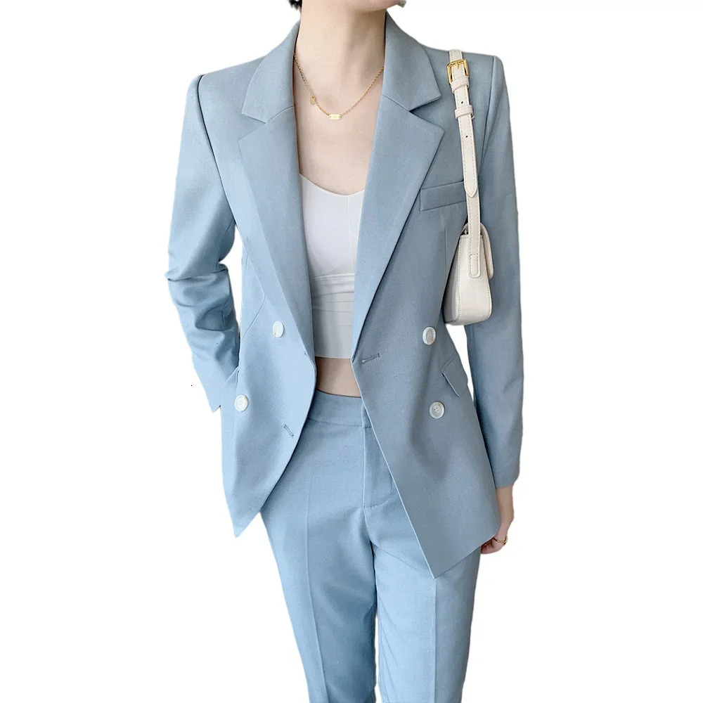 2024 Summer Blue Ladies Suits Two Piece Set Blazer Pants Top Quality Double Breasted Women Elegant Business Work Clothing 250520Z