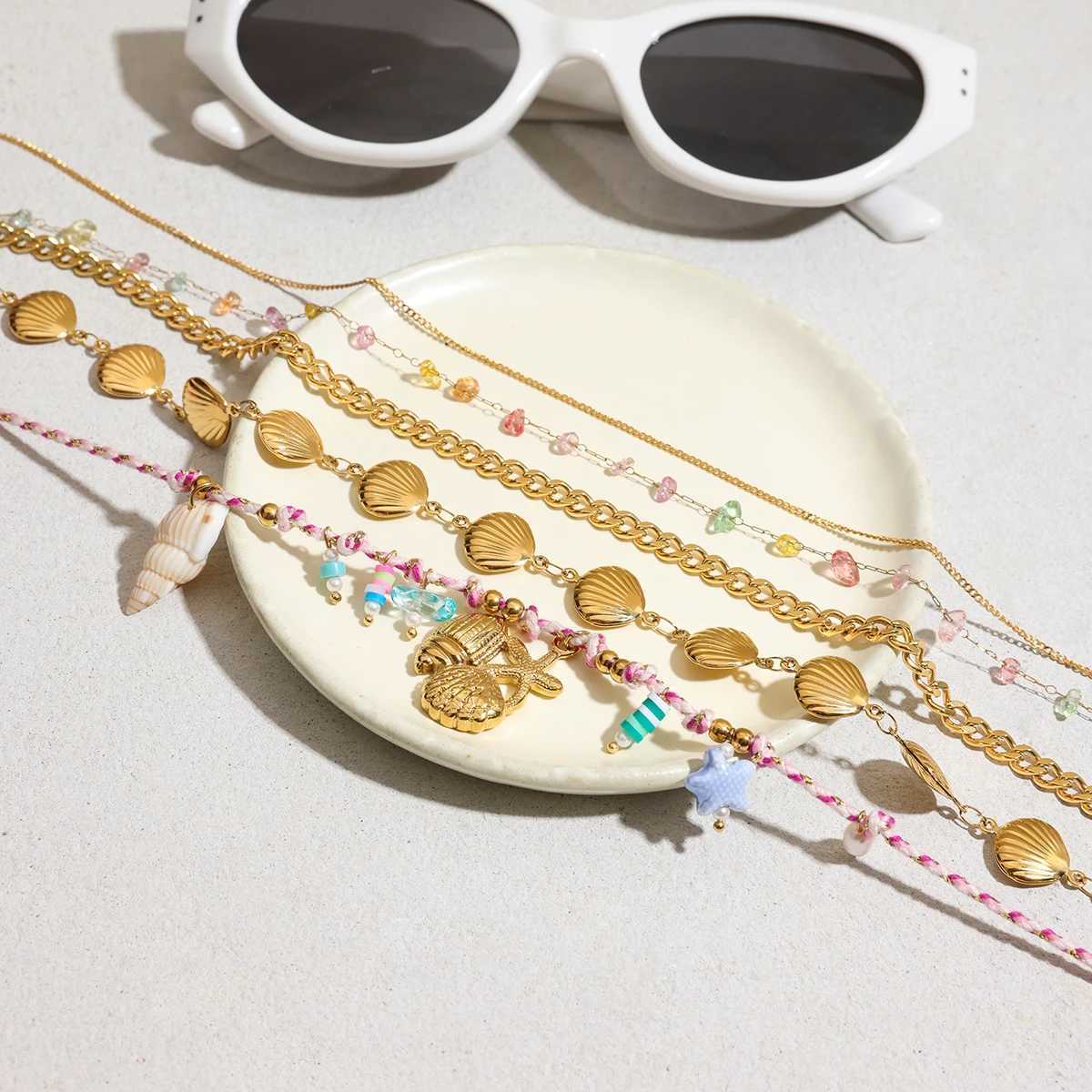 Uworld Beach Ocean Wind Shell Chain Necklace Stainless Steel Sea Star Conch Pendant Colored Rope Necklace Womens Jewelry XJ250604