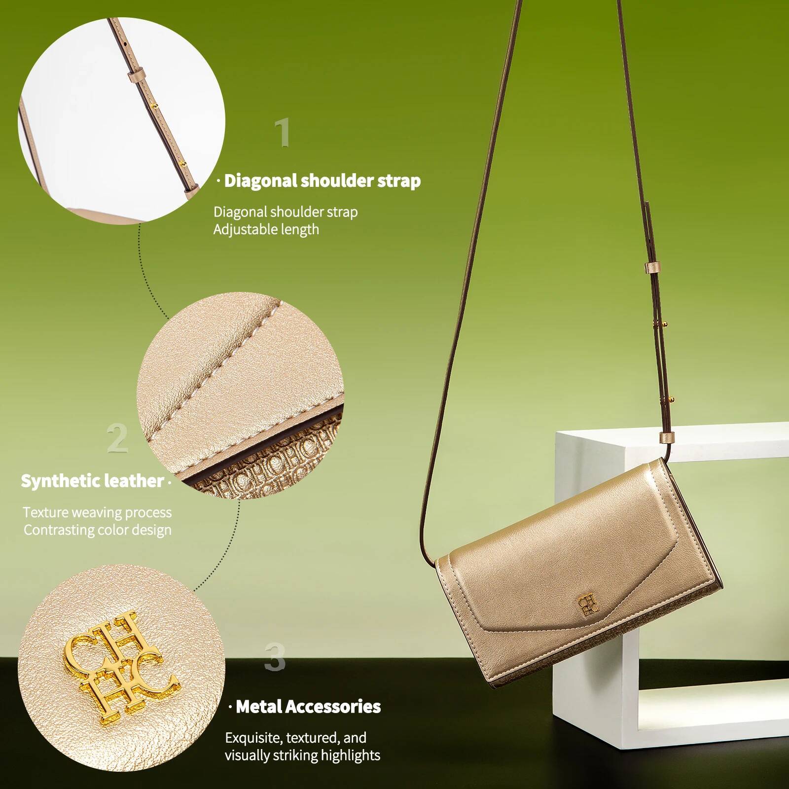 CHCH Crossbody Spring New Flip Small Square Bag Simple Women's Business Wallet Strap Detachable