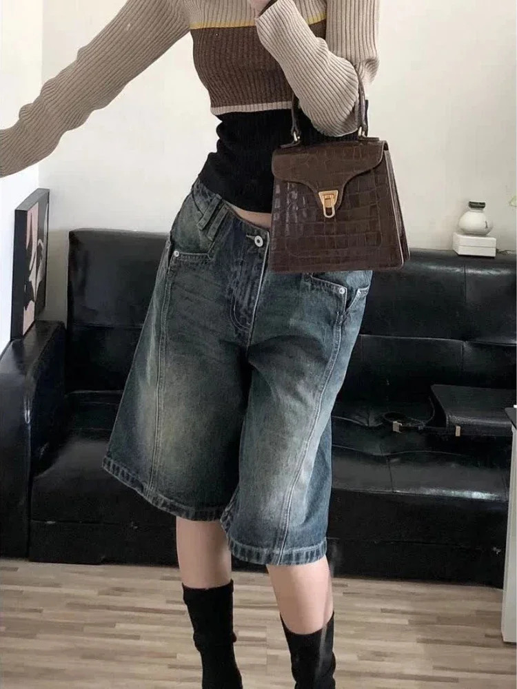 HOUZHOU Y2K Vintage Women Denim Shorts Baggy High Waist Korean Wide Leg Jorts Casual Oversize Washed Jeans Streetwear Summer 250604