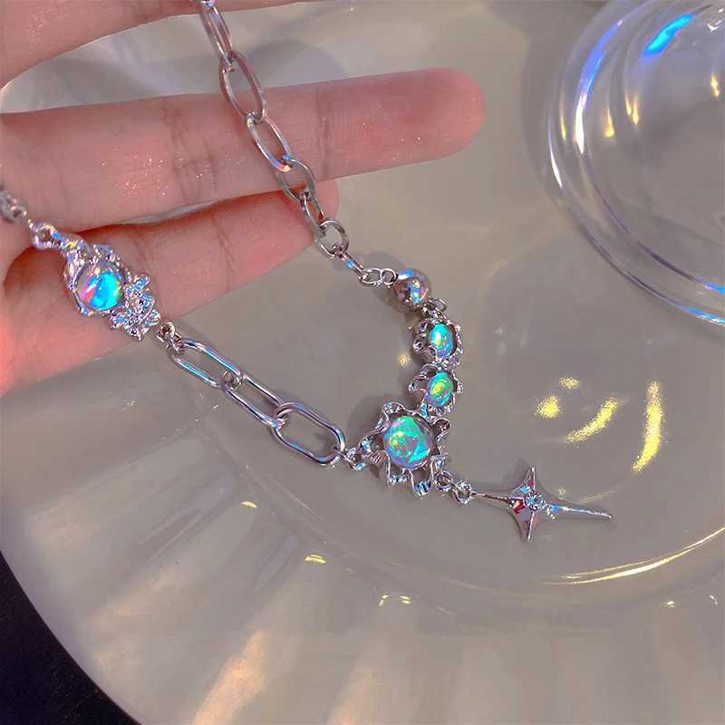 JWER Trendy Bling Moonstone Star Cross Pendant Necklace for Women Punk Hip Hop Star Chain Crystal Necklace Party Y2K Jewelry Gift XJ250604