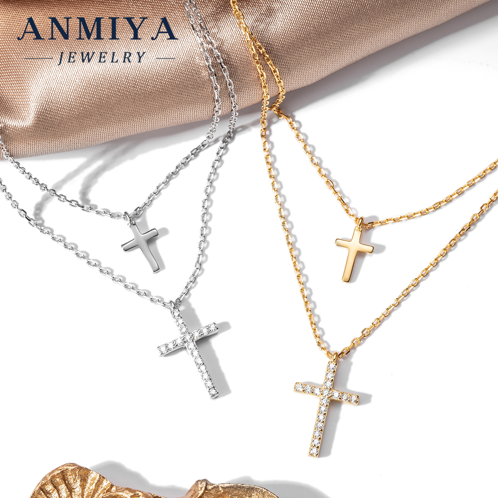 Minimalist 925 Silver Jewelry Double Layered Chain Cross Pendant Necklace with Zircon Inlay for Office and Casual Wear