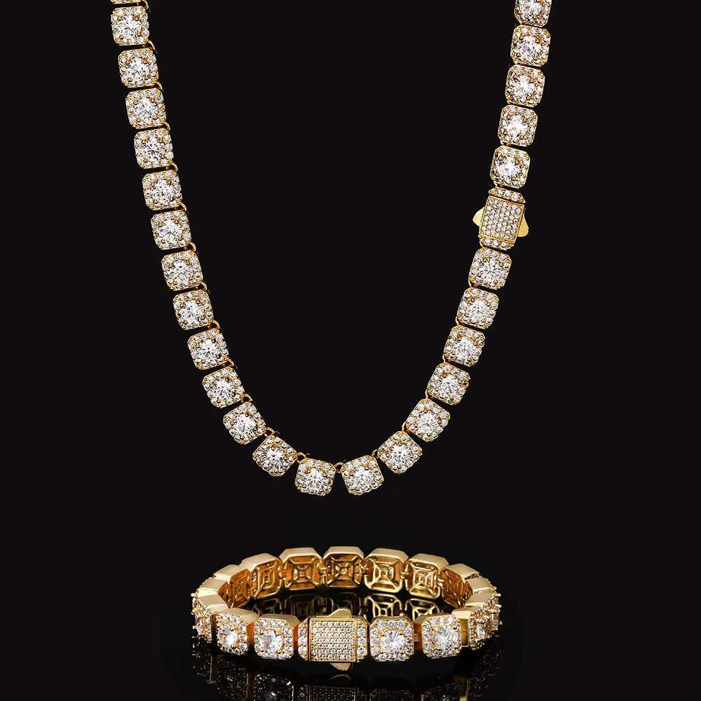 Iced Out Jewelry 10mm Clustered Tennis Chain Bracelet Square MoissaniteDiamond Gold Plated Tennis Bracelet for Women