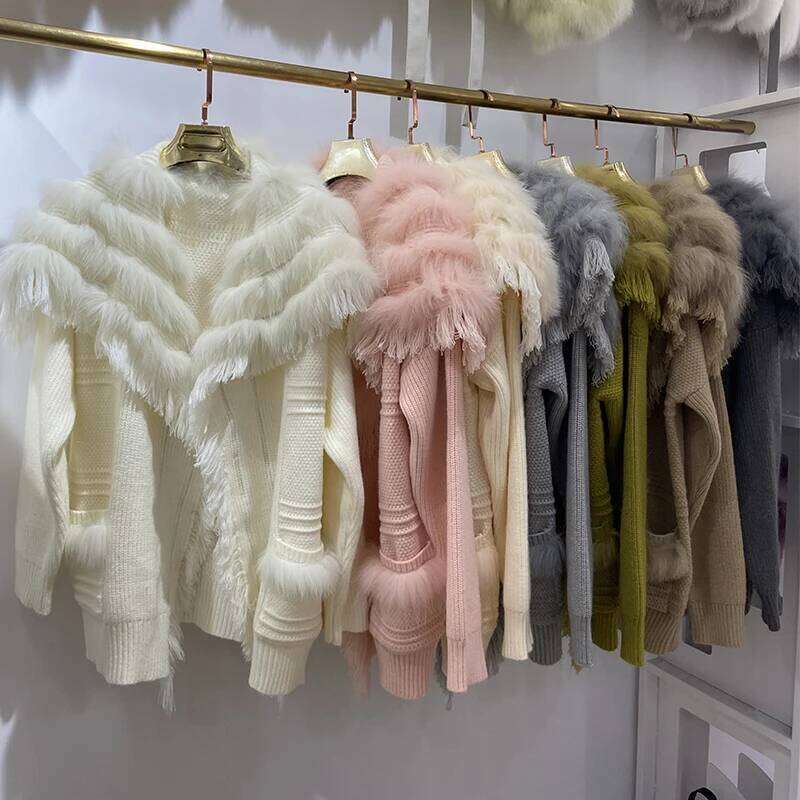 Women Autumn Real Knitting Oversize Fox Fur Decoration Lady's Fashion Cardigan Sweater Coat