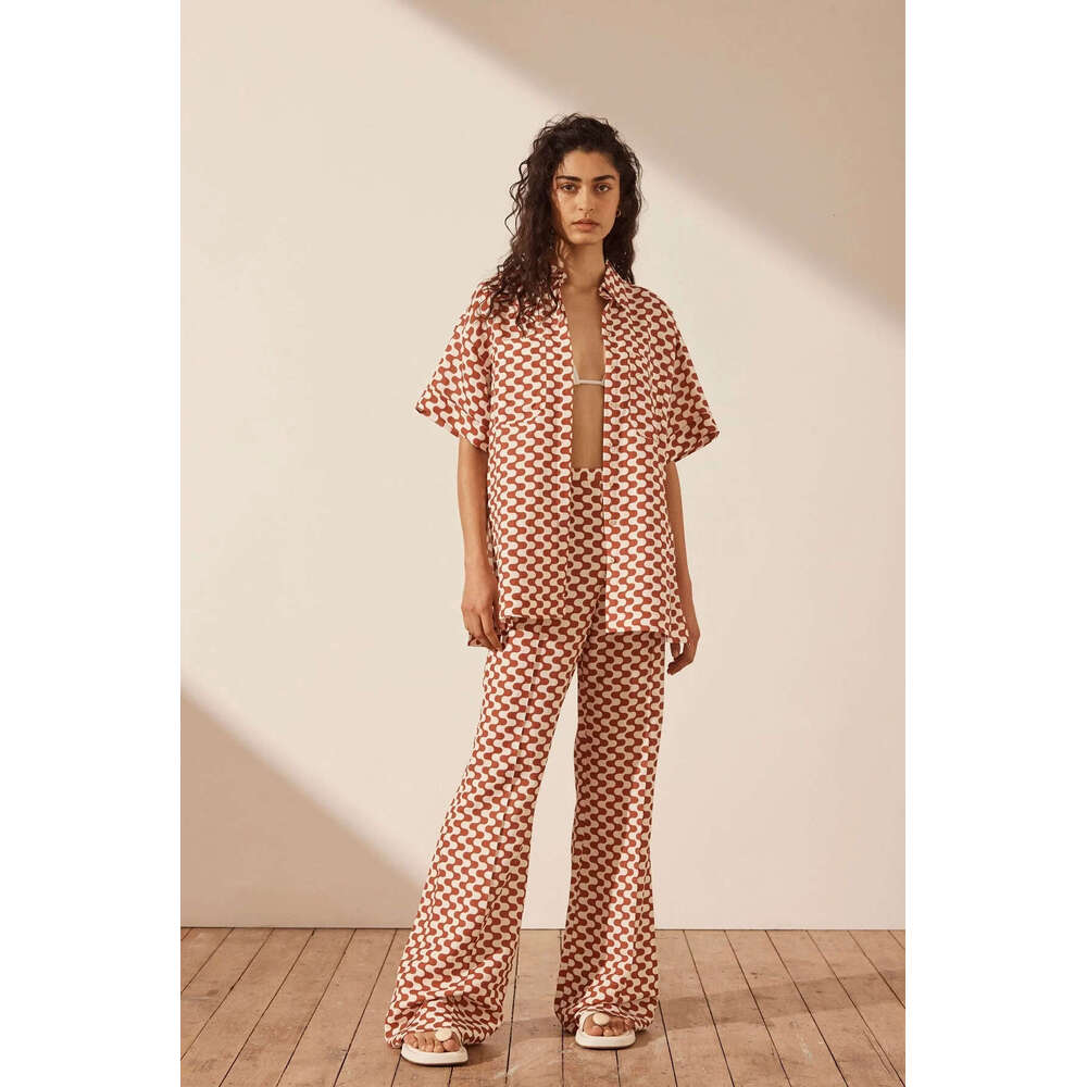 Women's New Fashion Casual Geometric Print Pocket Top Cardigan Flared Pants Set B5