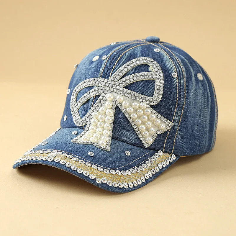 Adjustable Denim Baseball Caps with Pearl-Embellished Bow Sun Protection Handmade Diamond Stitching - Versatile Hats 250603