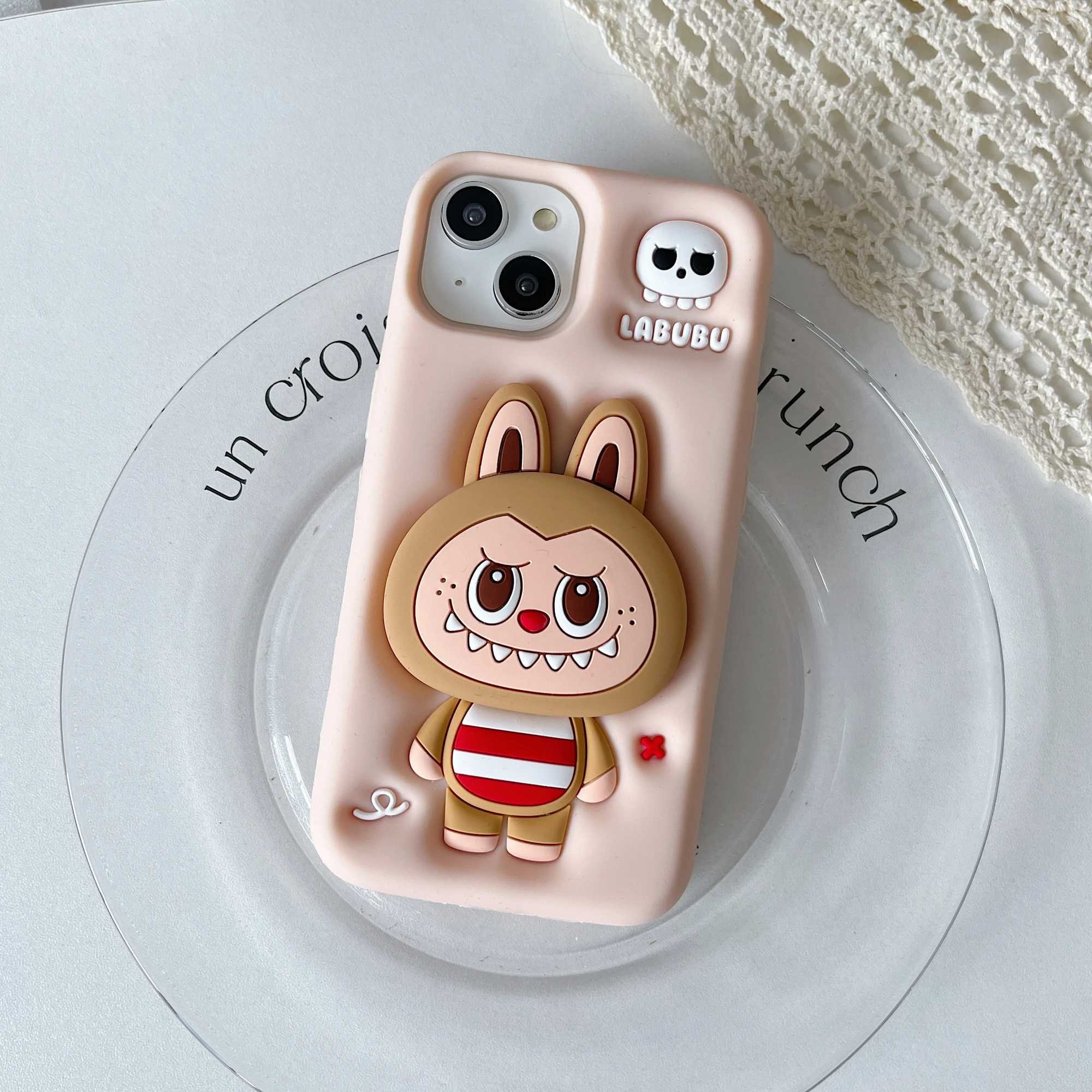 3D Cute Cartoon Stripe Labubu Soft Silicone Phone Case Back Cover For iPhone 14Plus 15Pro 11 12 13 16 Pro Max Telescopic Holder X2506051