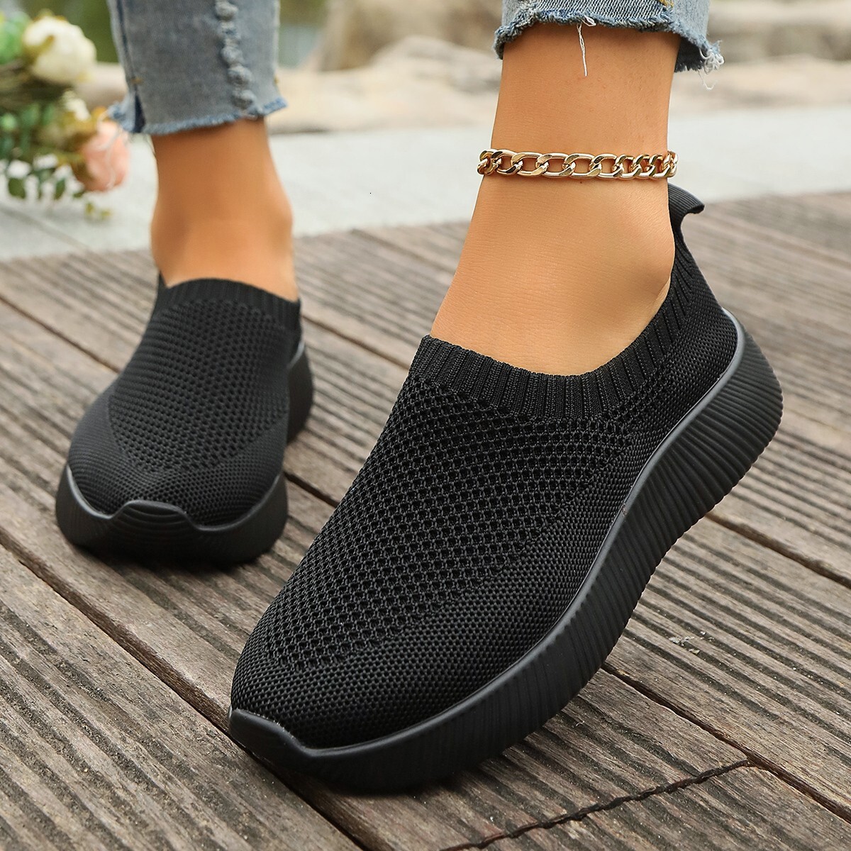Plus Size Lightweight Mesh Sports Women S Flyknit Casual Casual Shoes Slip On Wedge Thick Sole Single Shoes Ddmysaturn