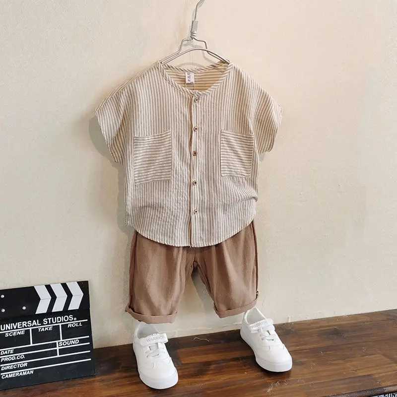Boys cotton and linen set summer outfit 2025 new style childrens western-style shirt shorts 2-piece set R250605