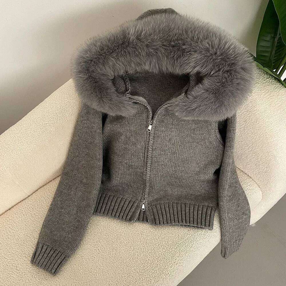 Hooded Real Fox Collar Cardigan Natural Fur Coat for Women Casual Short Knitted Jacket 2024 Fashion Autumn Winter luanyun