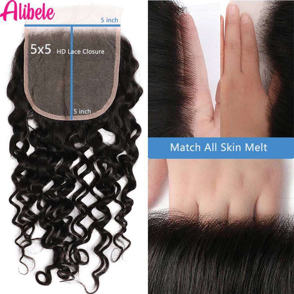 Alibele 5x5 HD Malaysia Water Wave Weave Human Hair Bundles With 4x4 Lace Closure