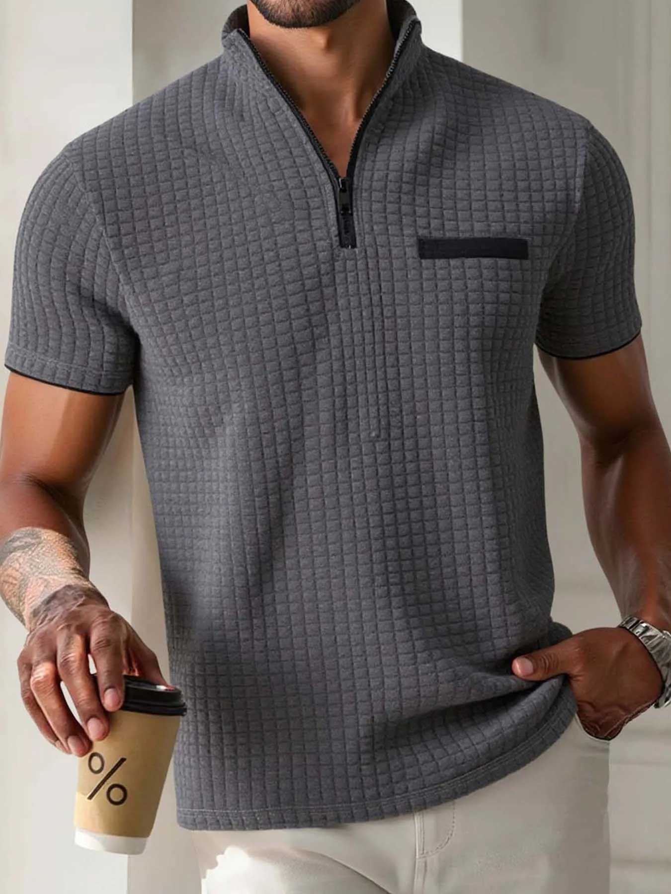 Mens sporty casual and simple POLO shirt with jacquard check pattern stand-up collar semi-zipper slim short-sleeved shirt XJ250605