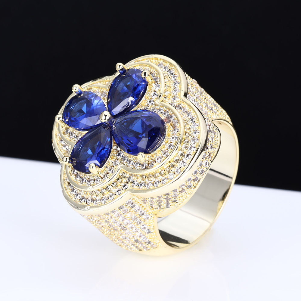 New Blue Flower Design Ring for Men Hip Hop Micro Paved Moissanite Four-Leaf Clover Ring moissanite