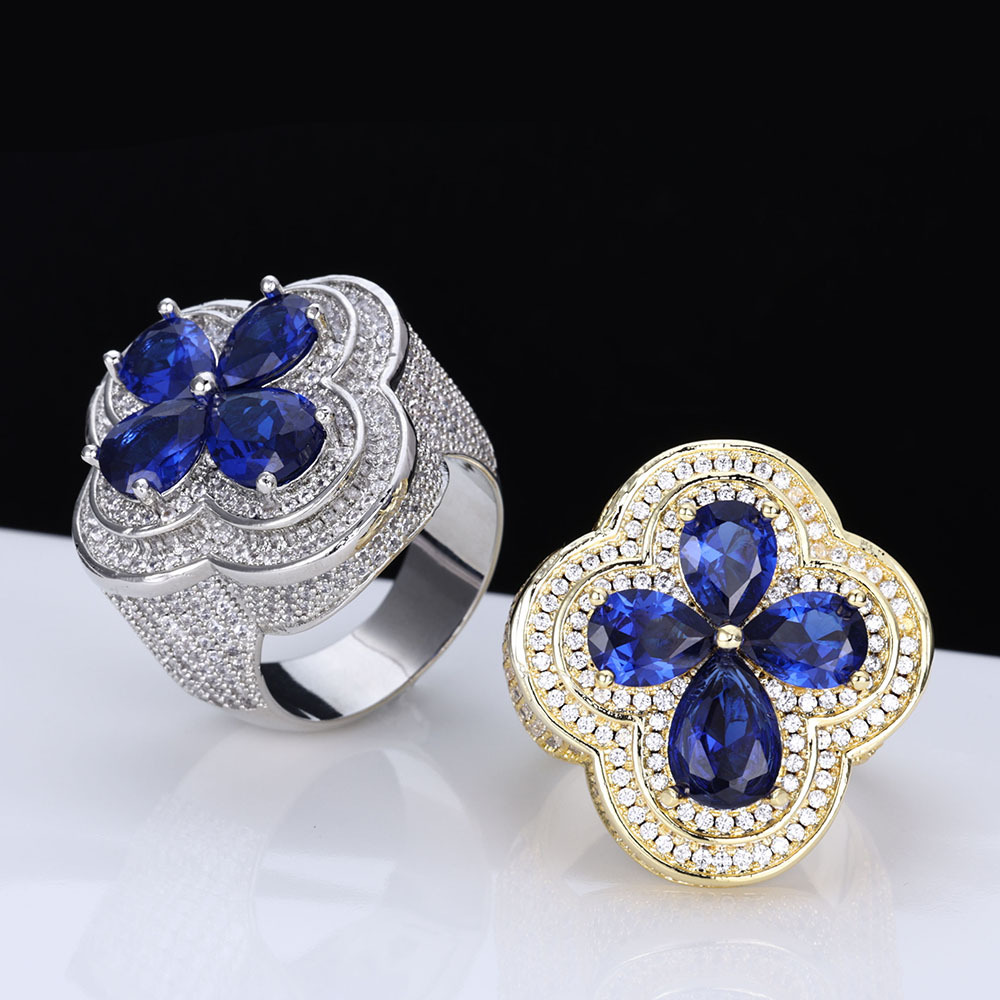 New Blue Flower Design Ring for Men Hip Hop Micro Paved Moissanite Four-Leaf Clover Ring moissanite