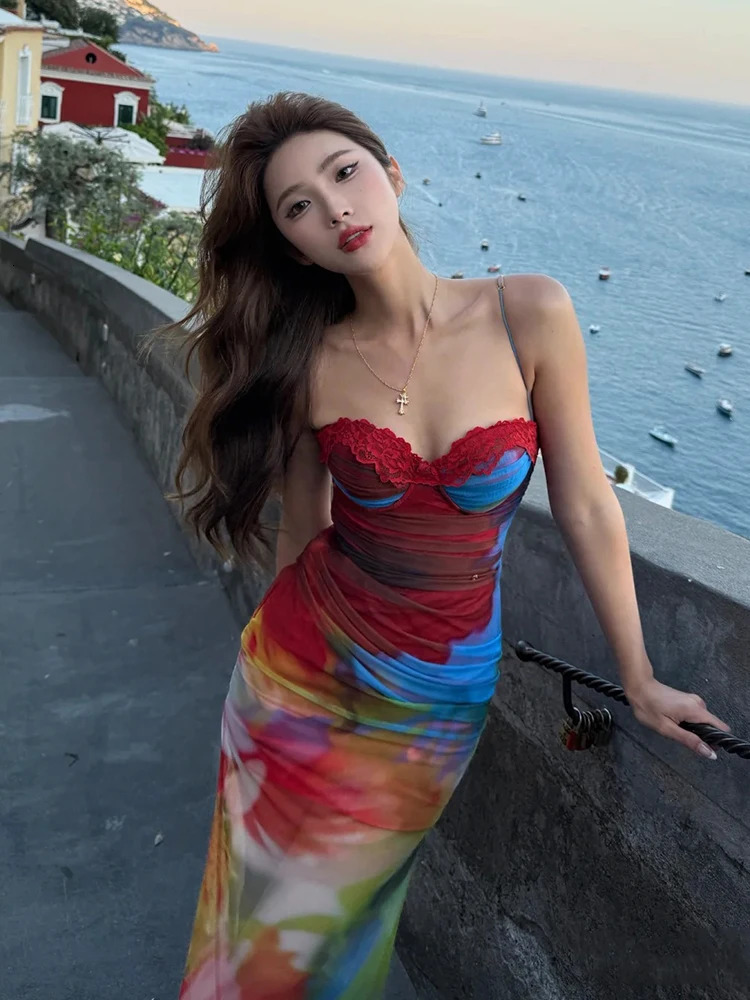 Weird Puss Colorful Print Maxi Dress Patchwork Lace Mesh LowNeck Sleeveless Backless Summer Trend Vacation Clubwear Dresses 250604