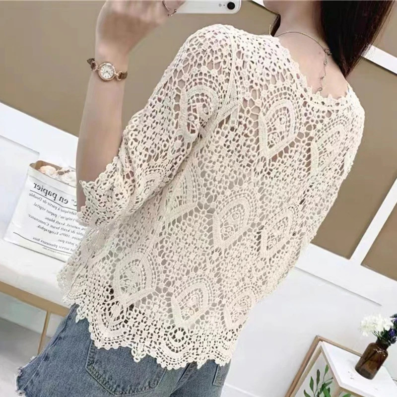 Women Knitted Lace Shrug Boho Hollow Crochet Floral 34 Sleeves Open Front Cropped Cardigan Elegant Mesh Sweater Coveup 250530