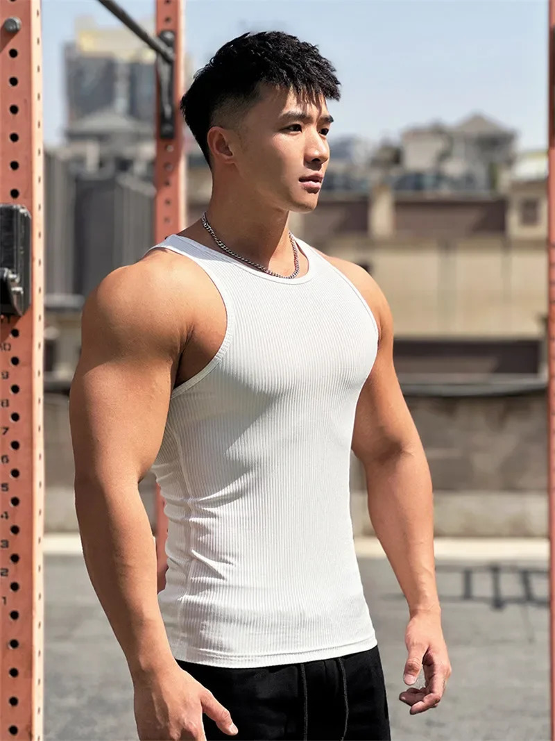 Mens vest Elasticity stripe Round Neck Oversized Sleeveless T-Shirt Gym Sports Fitness Running Training Bodybuilding Tank Top 250605