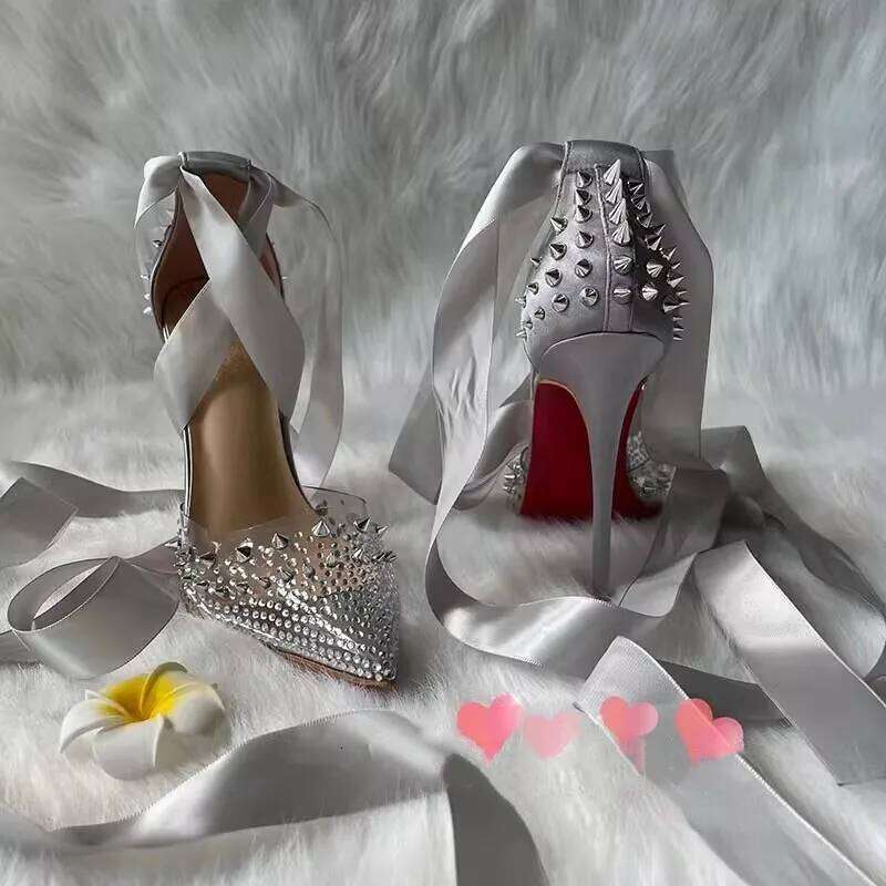 Spring and summer new rivet rhinestone pointed toe PVC lace-up shoes thin high-heeled dress large small size women's sandal
