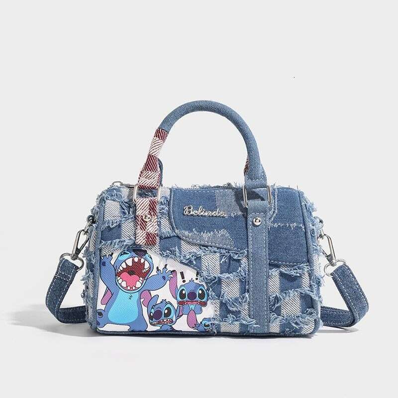 2025 Autumn Winter New Niche Cute Cartoon Stitch Denim Ripped Plaid Patchwork Crossbody Handbag Pillow Bag