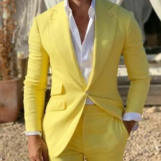 2024 Yellow Linen Beach Men Suits Slim Fit 2 Piece Wedding Groom Tuxedo ed Lapel Male Fashion Costume Blazer With Pants 250605A